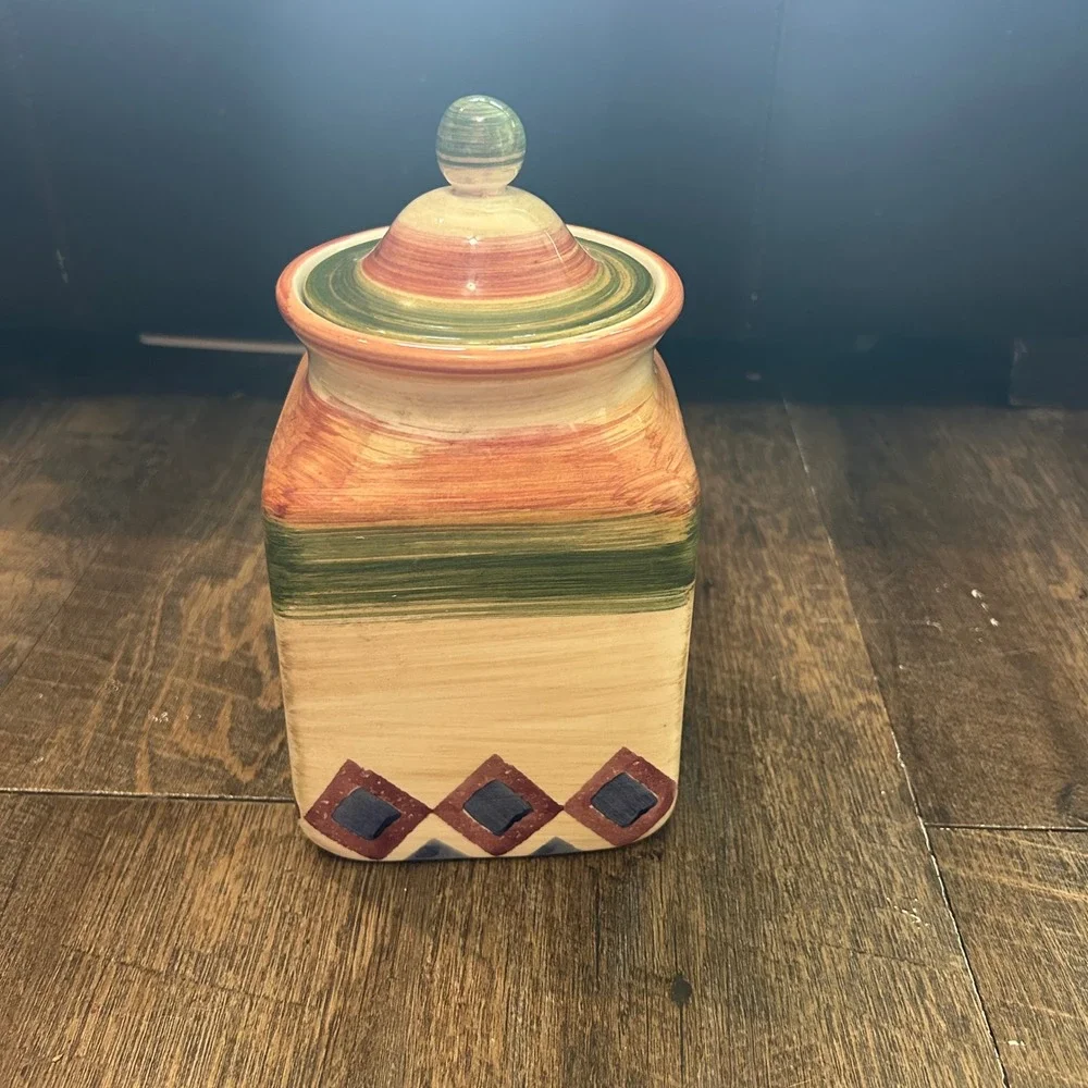 Horchow Italy Hand Painted‎ Ceramic Canister Square Mediterranean Jar 5361/22